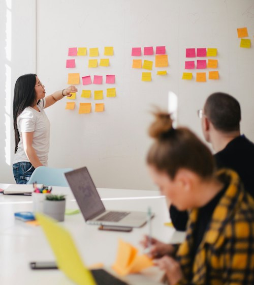 Team planning a project with notes on a whiteboard