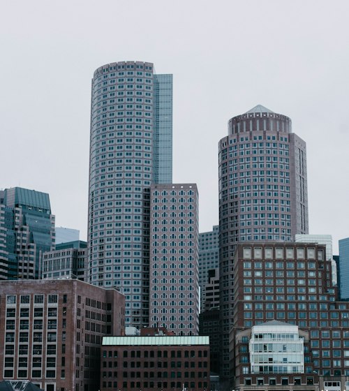 City skyline with modern office and residential towers